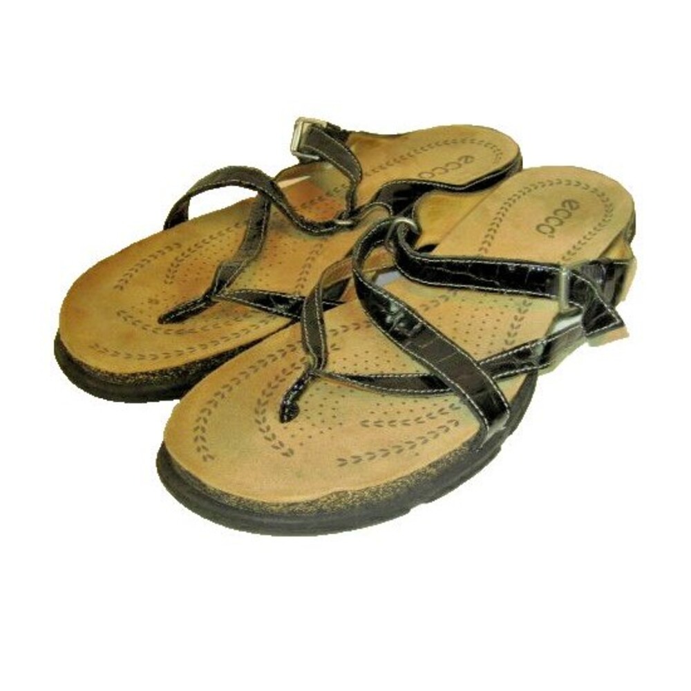 Womens Ecco Sensata Black Patent Alligator Strappy Hook/Loop Thong Sandals sz 8M